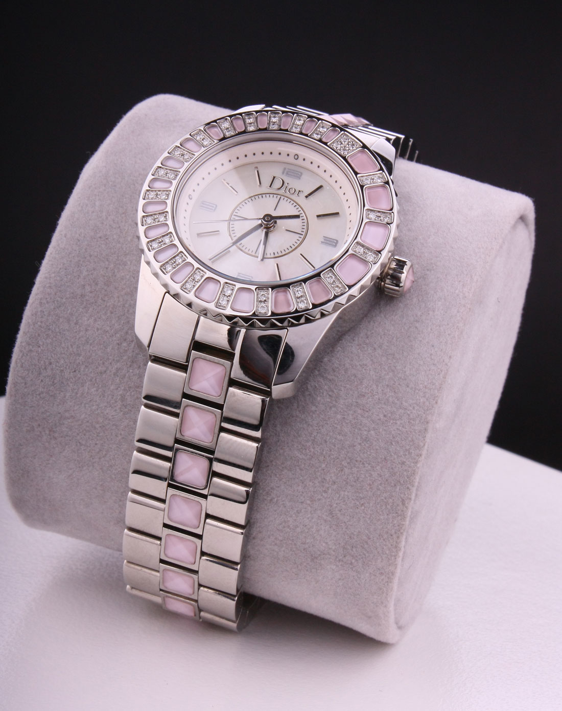 瑞士名表专场迪奥cristal粉色水晶镶钻女士石英腕表