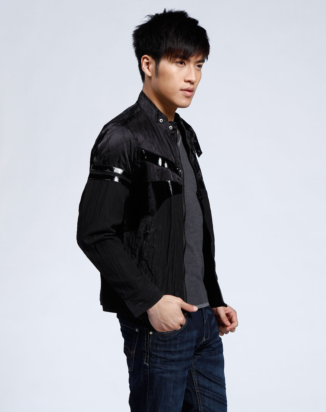 男装库存专场卡宾cabbeen 黑色拼料长袖立领拉链外套