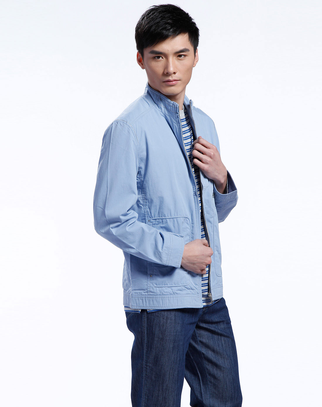 佛伦斯folunsi浅蓝色拉链长袖夹克