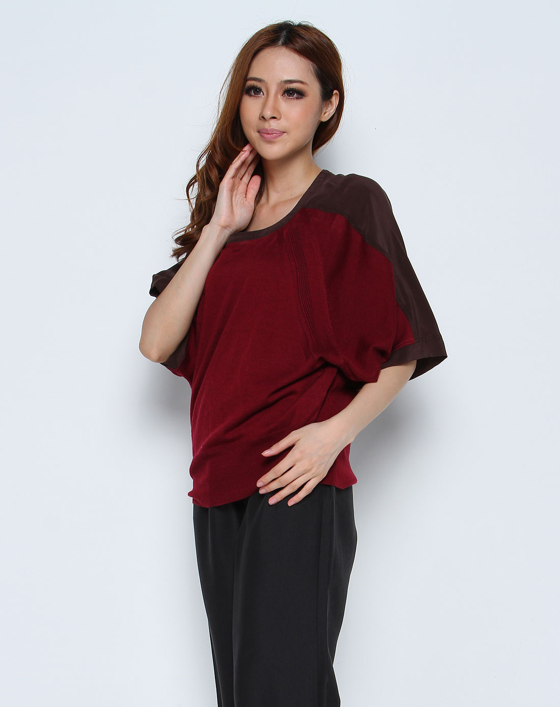 斐梵femfey女装专场枣红色时尚蝙蝠短袖上衣