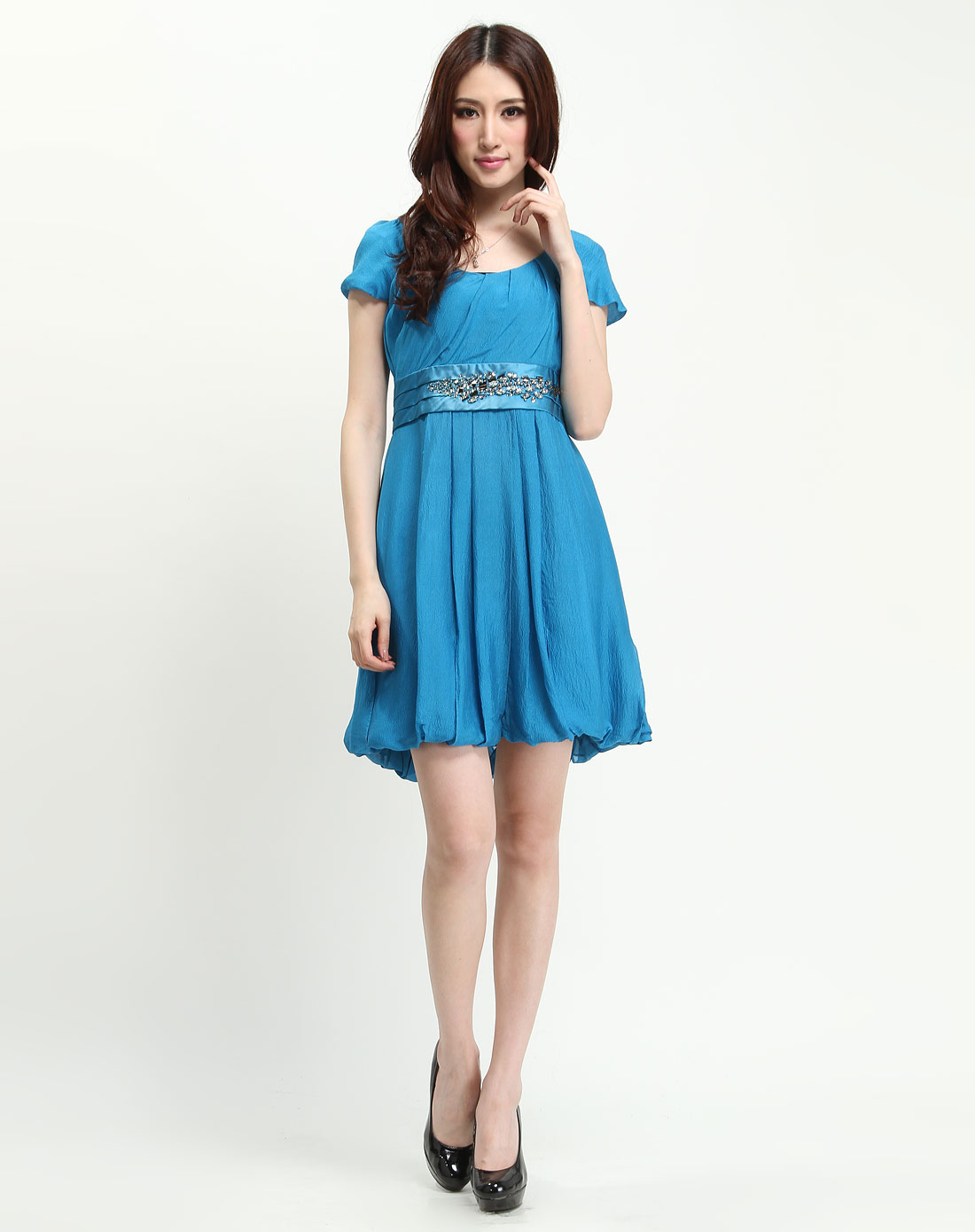 collection女装专场孔雀蓝色时尚短袖连衣裙