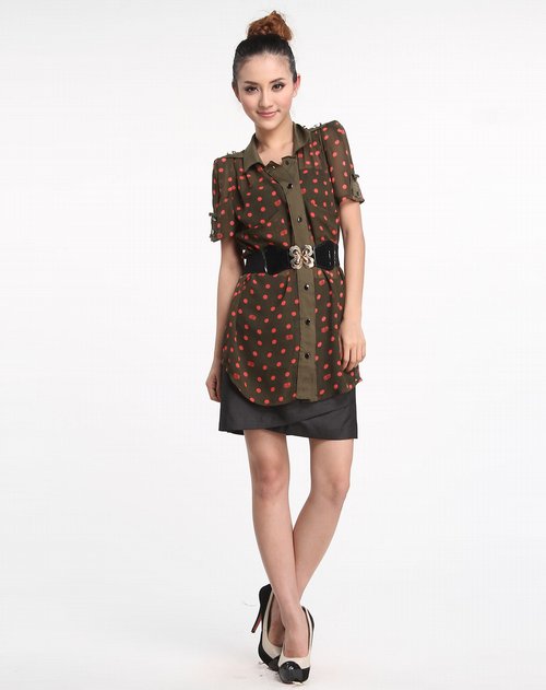 伊莎贝拉isbl女装专场绿色休闲圆点短袖衬衫