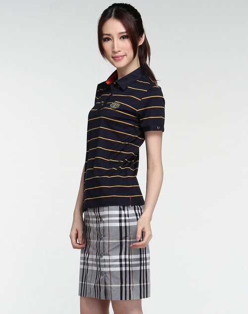 比音勒芬女装专场女款藏青色条纹休闲短袖t恤