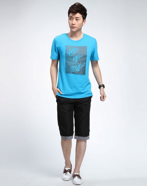 鎏恒色old&newn男装专场海水蓝色休闲圆领短袖t恤
