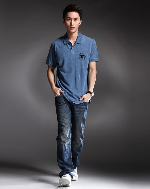 lee男装专场灰蓝色翻领休闲短袖polo衫