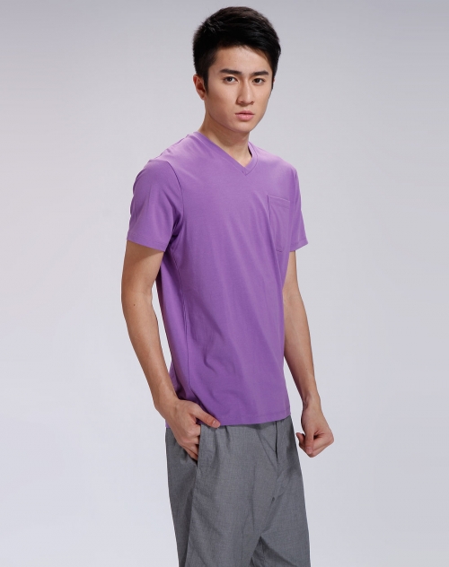 me&city男款紫色v领短袖t恤