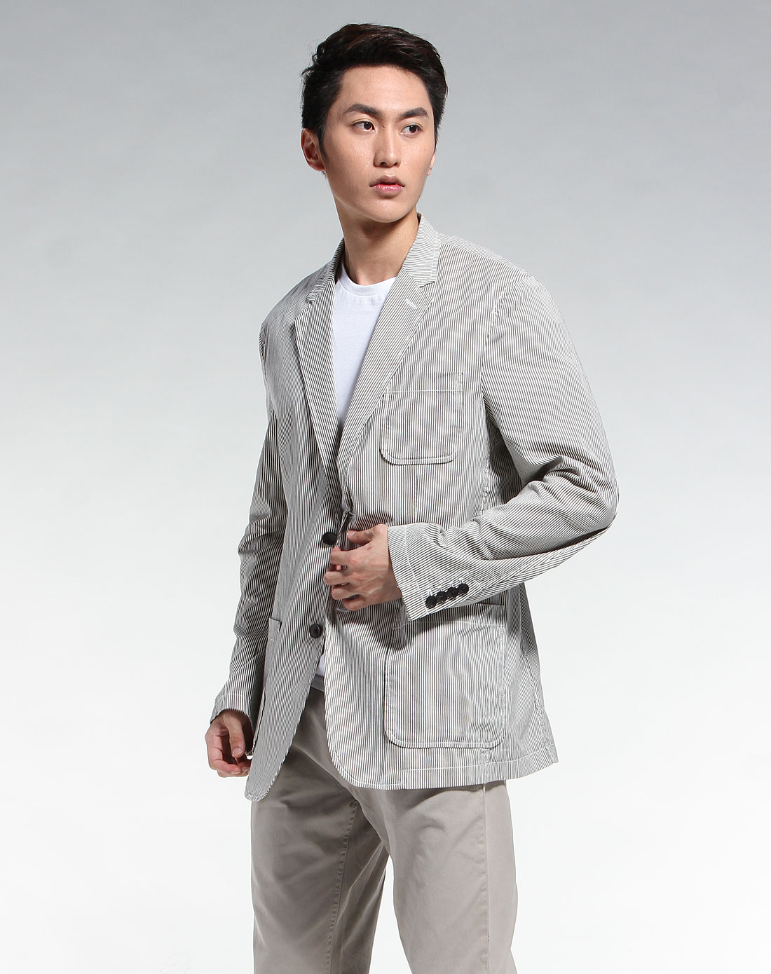 asobio灰黑/白色条纹休闲长袖西装_唯品会名牌时尚折扣网