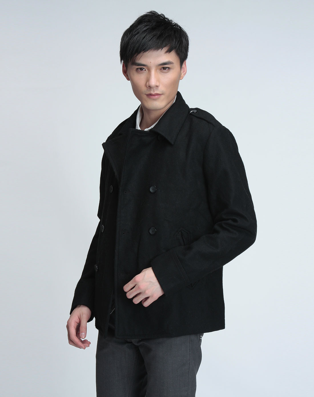 fox-男装专场男款纯黑色长袖毛呢大衣