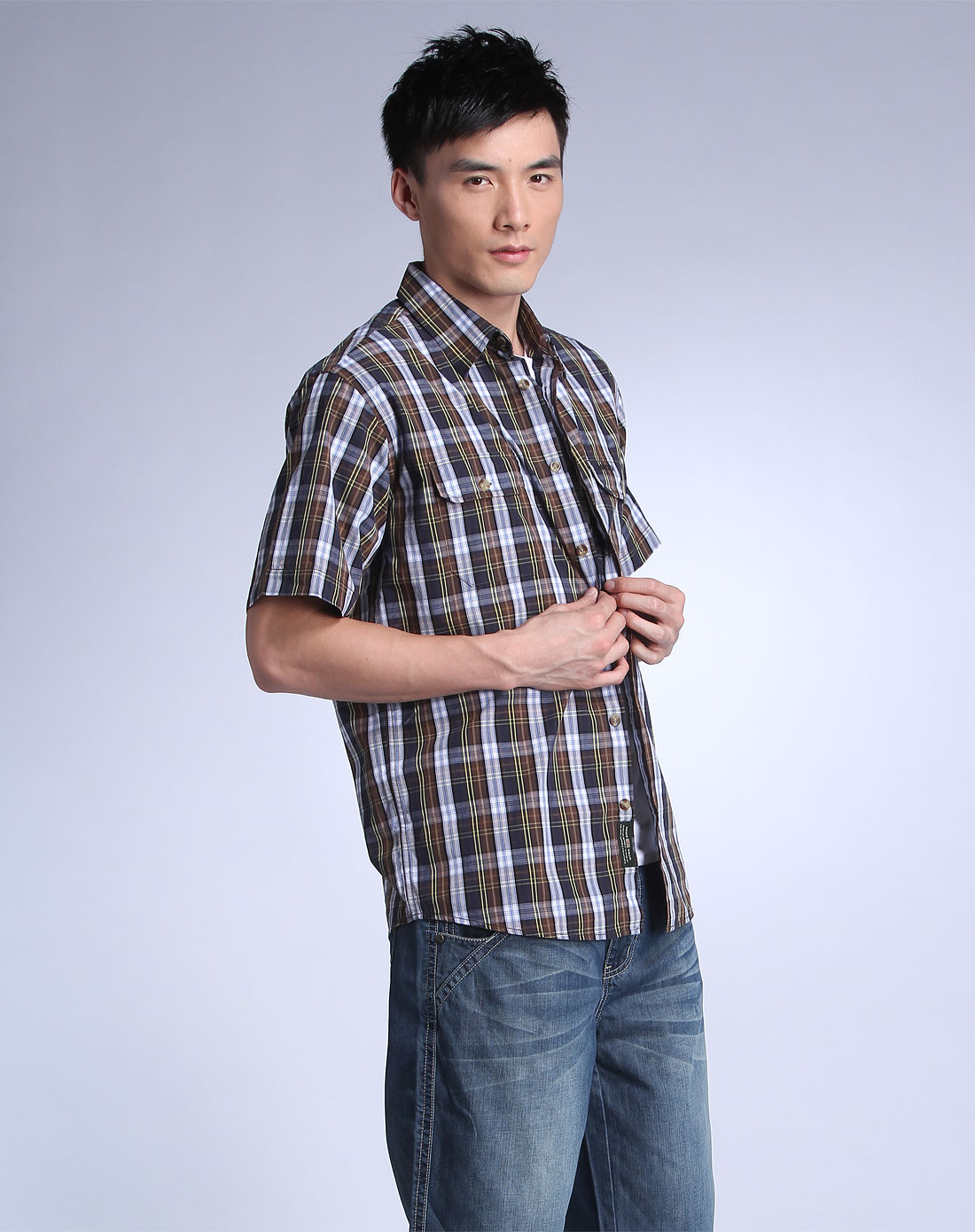 弗邦行foresun男装专场-啡/蓝/白色花格休闲短袖衬衫