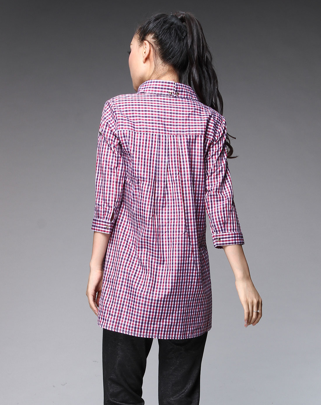 just mode女装专场-桃红色格纹中袖衬衫