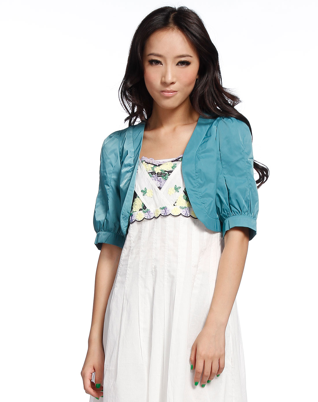 巧帛湖绿色短装短袖小外套