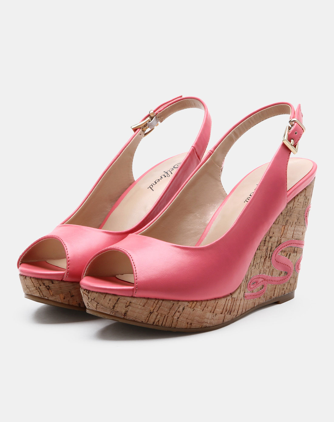 女款水红色糖果色厚底鱼嘴坡跟凉鞋