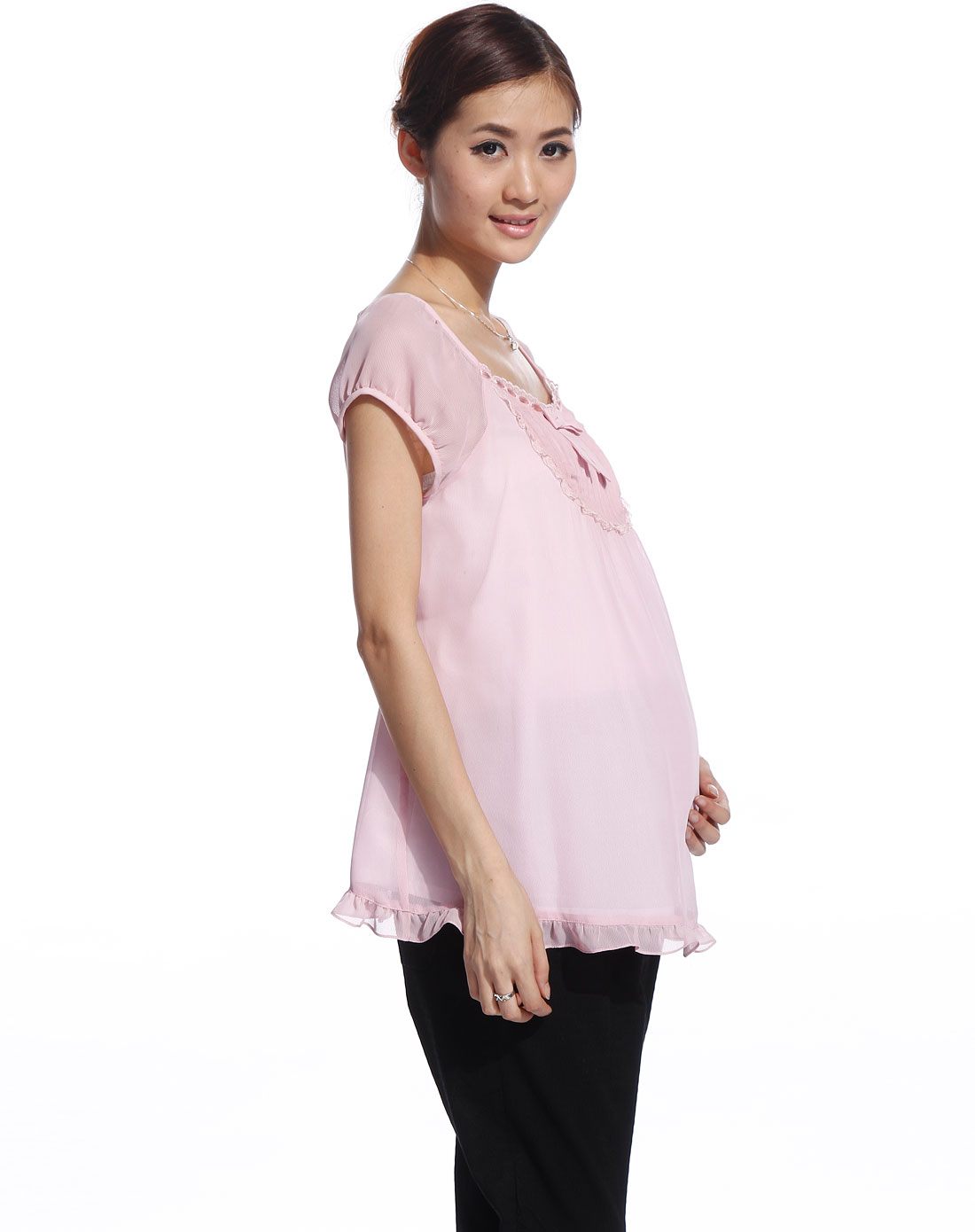 奇妮孕妇装奇妮 淡紫色蕾丝边短袖上衣