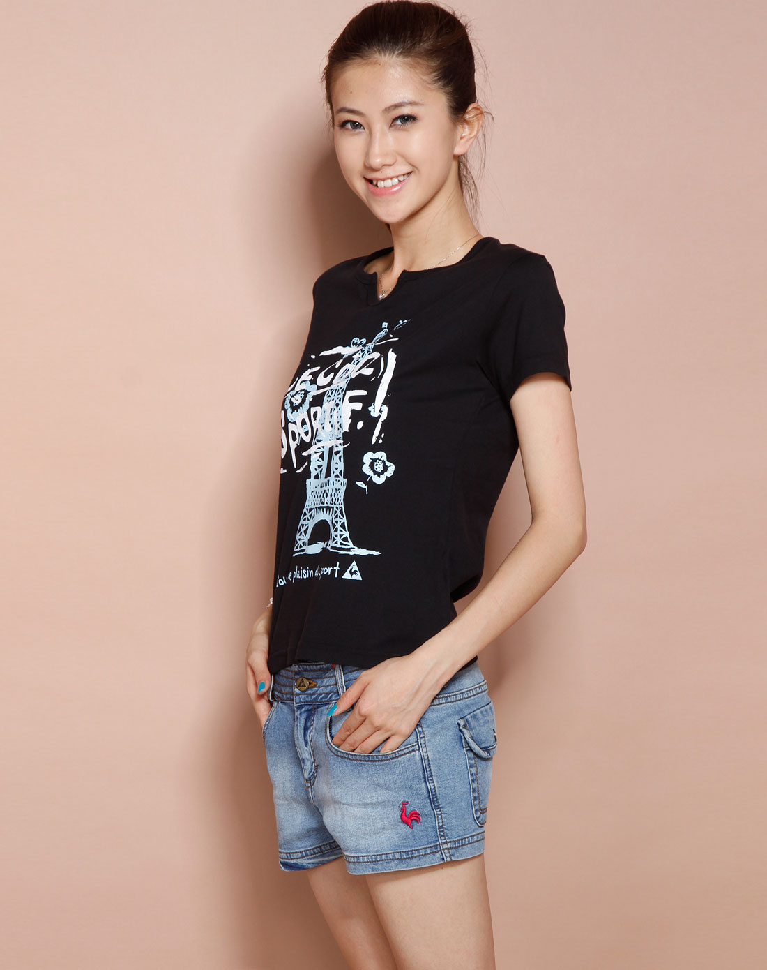 女装库存专场乐卡克 女款黑色图案圆领短袖t恤