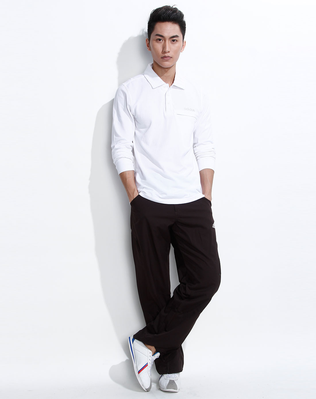 男款白色时尚长袖polo衫