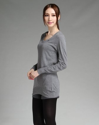 中花灰色修身时尚长袖上衣