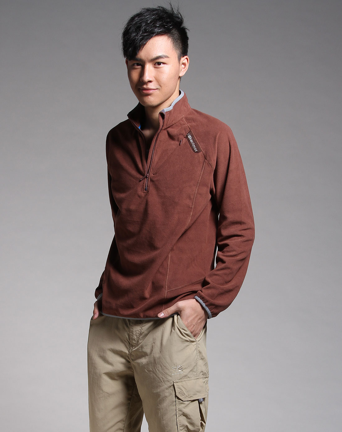 男款咖啡色半开抓绒衣