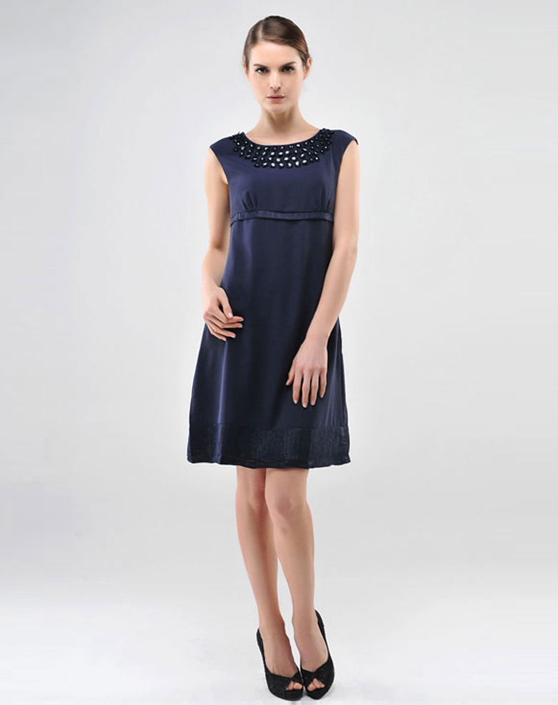 敦奴dunnu女装专场藏青色无袖连衣裙