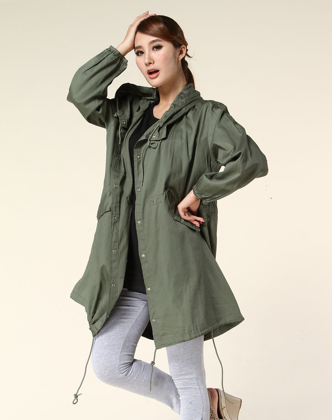 浅军绿色连帽休闲长袖薄风衣