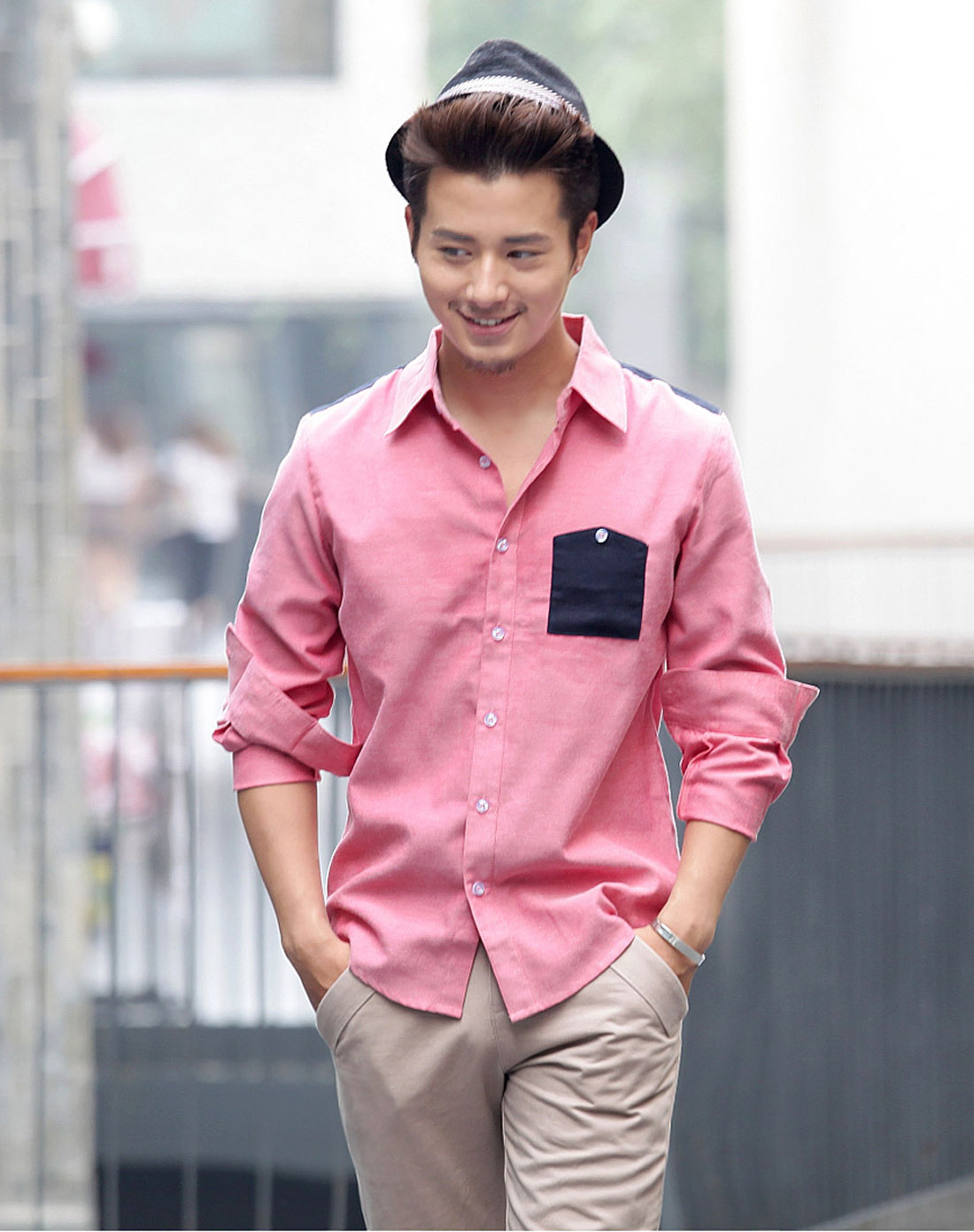 韩都衣舍hstyle男装专场粉色男装撞色长袖衬衫