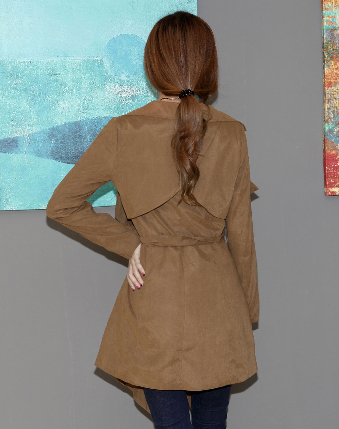 棕色翻领长袖中长款大码外套