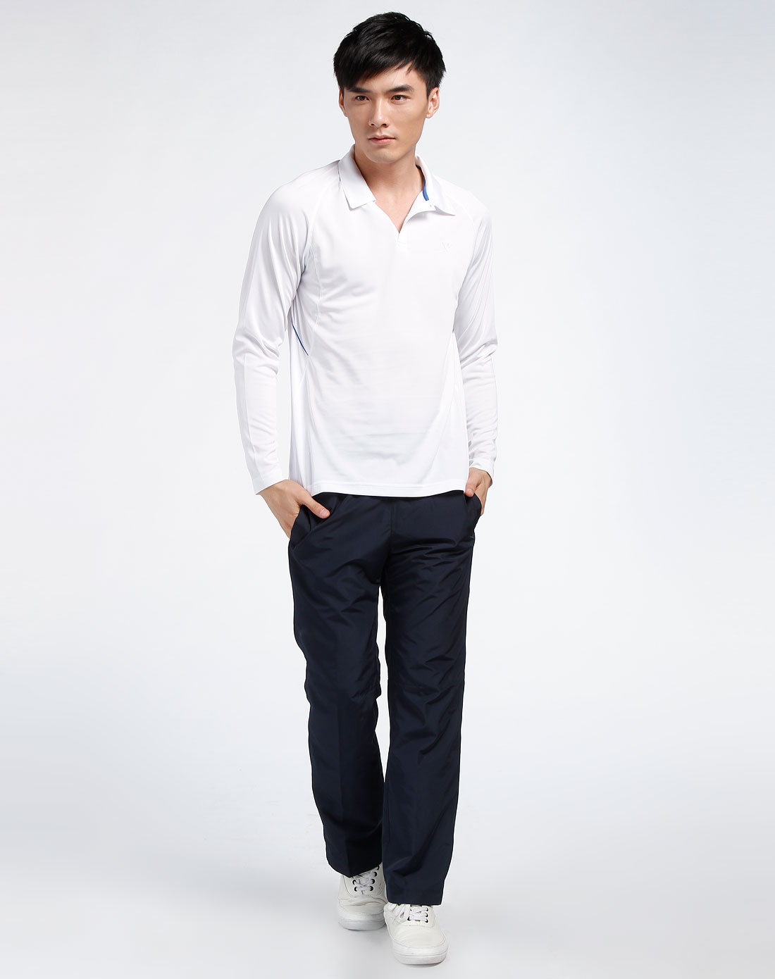 男款白色翻领长袖polo衫