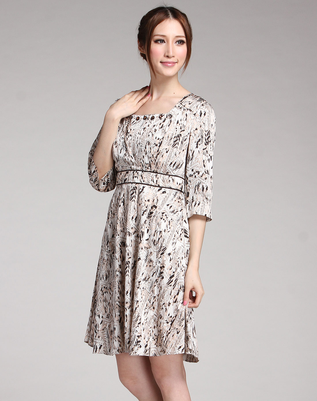 诺琪nochi女装专场-粉拼黑色印花淑女中袖连衣裙