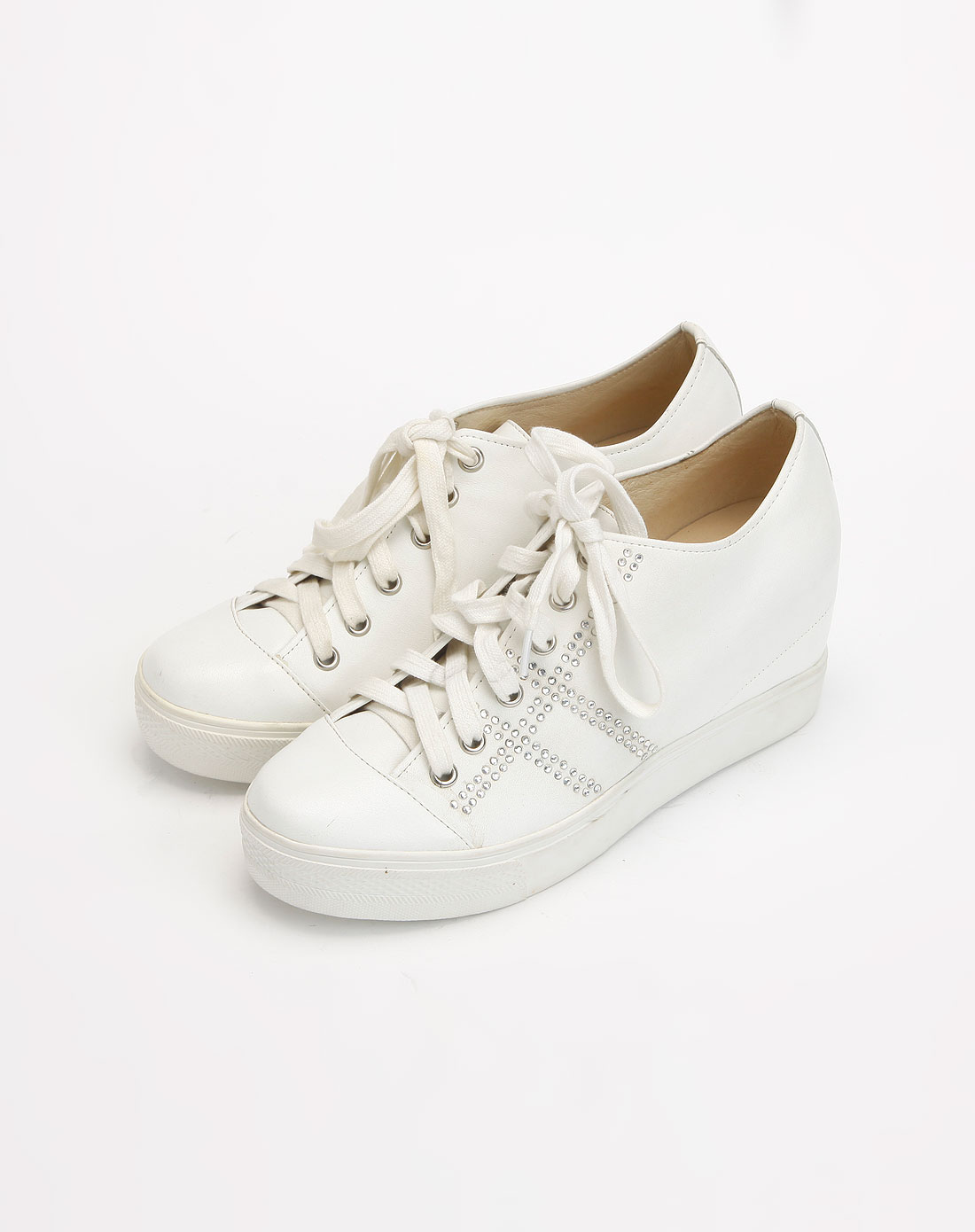 furuisi白色镶钻绑带内增高鞋