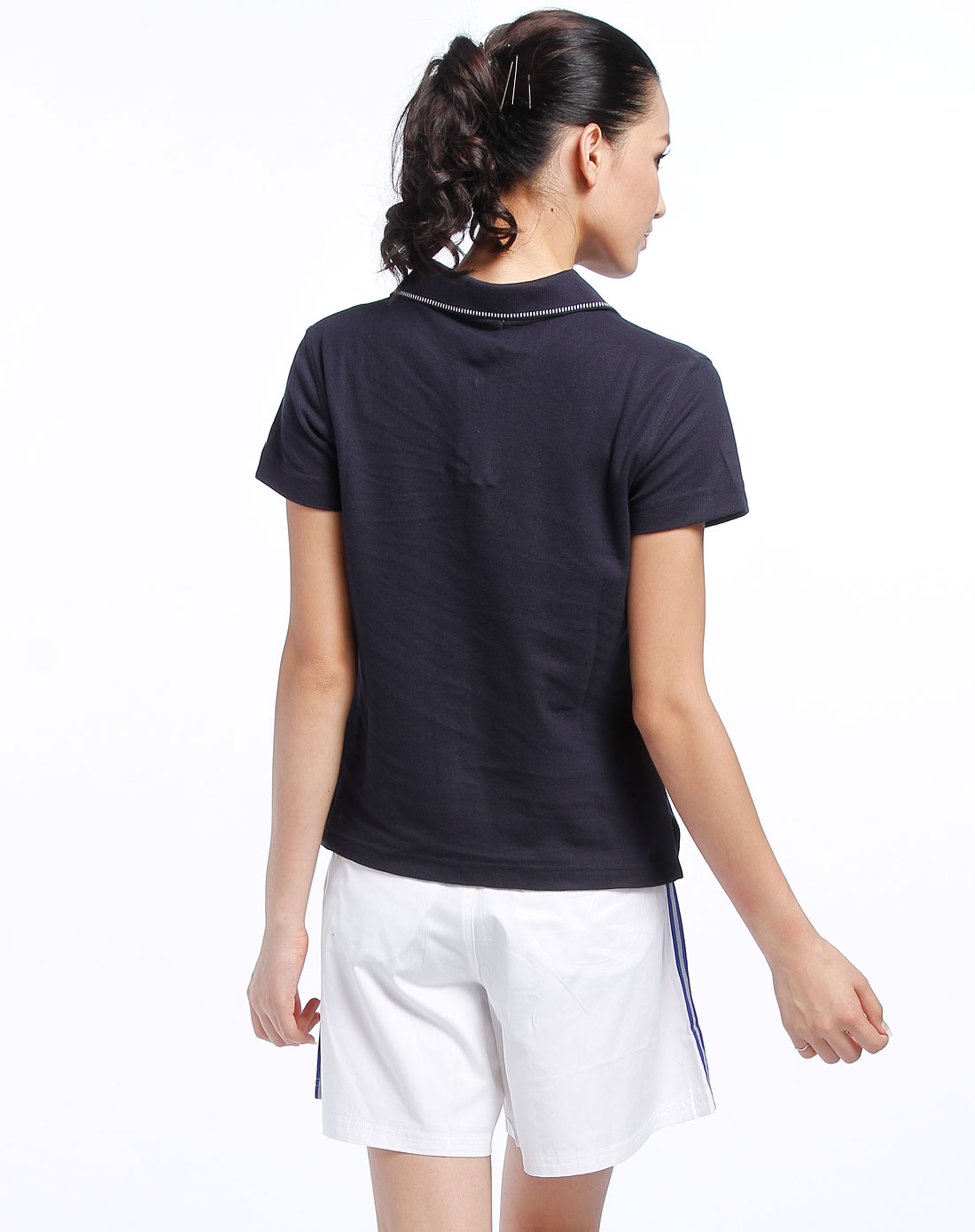 兰狮drance-女装黑蓝色素面休闲短袖polo衫