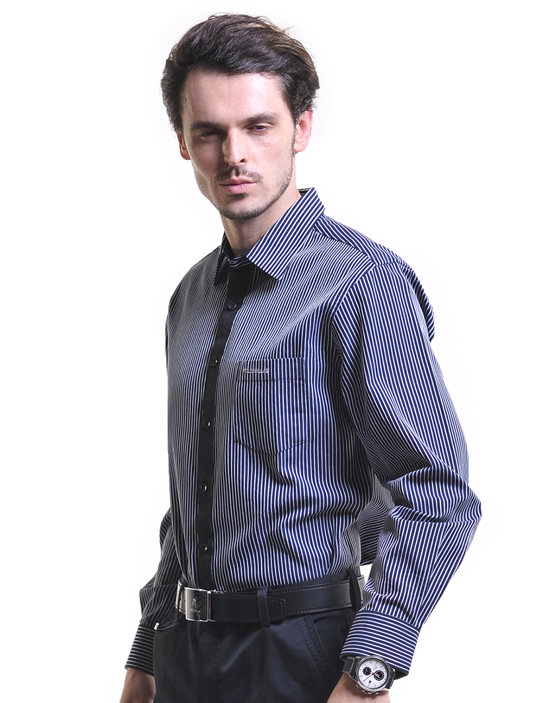 蓝黑色条纹长袖休闲衬衫