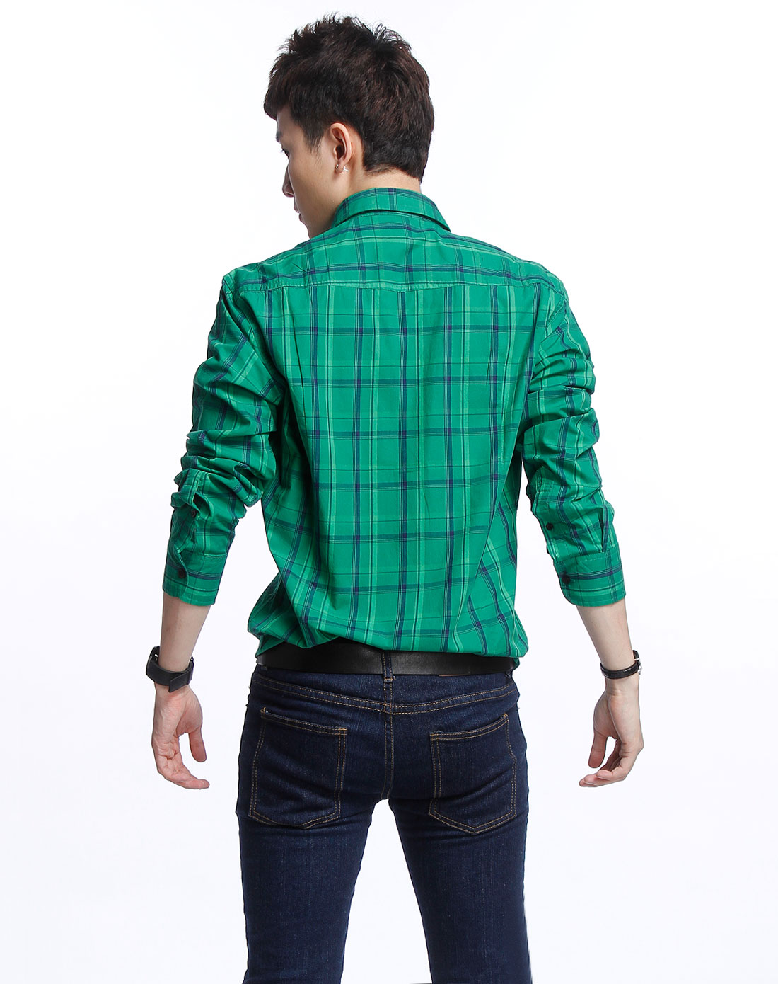 宾宝男装专场绿色格纹长袖休闲衬衫