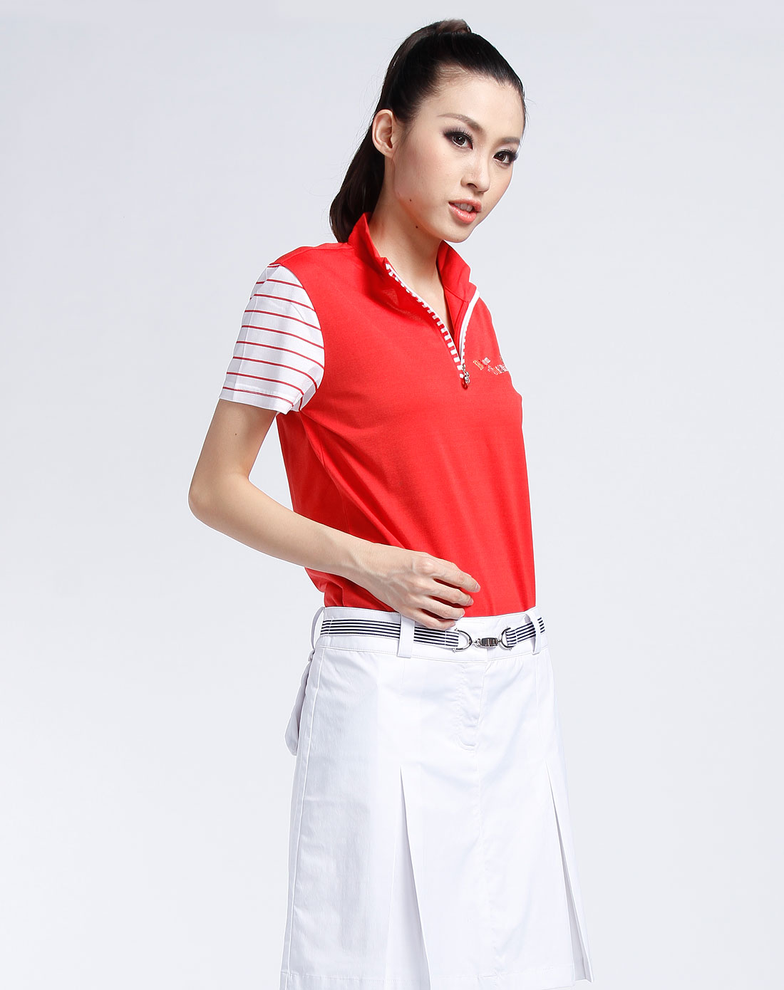 比音勒芬-女装红/白色间条时尚短袖上衣