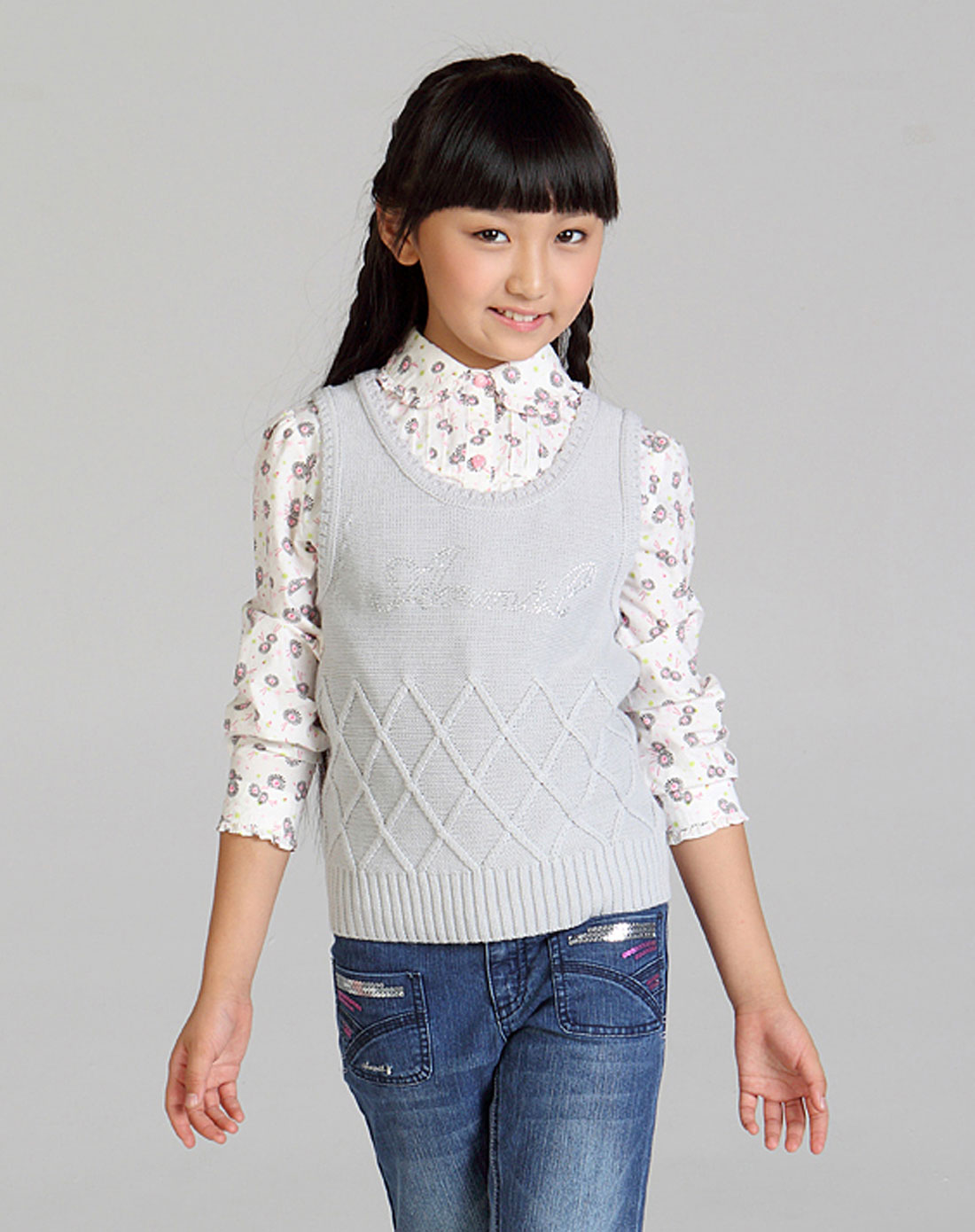 女童古堡灰毛衫小背心