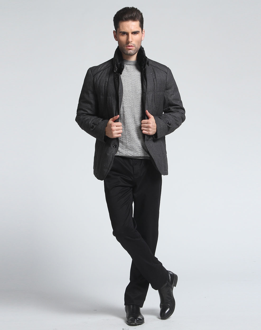 夏利豪charriol男装专场-黑色毛领拉链休闲长袖羊毛羽绒服