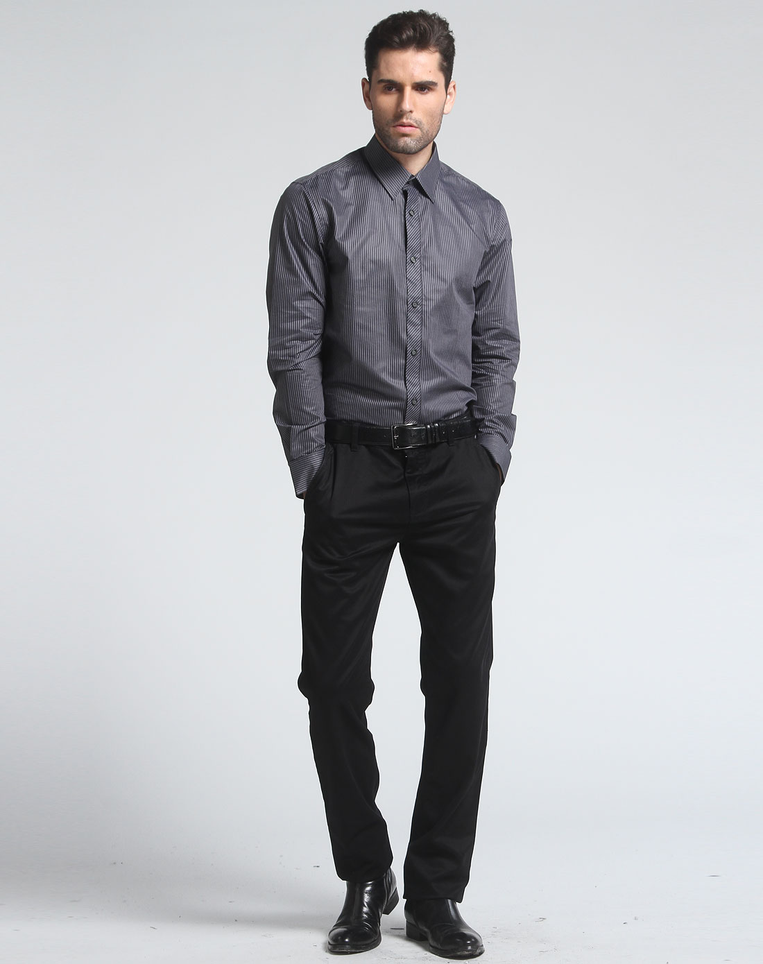 夏利豪charriol男装专场-黑灰色竖条纹休闲长袖衬衫