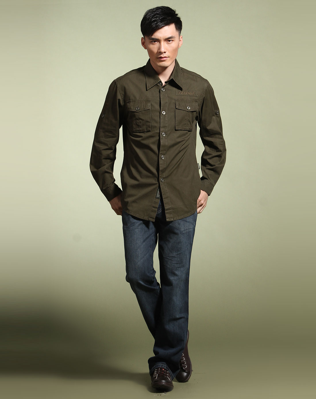 男款浅军色长袖休闲简约衬衣