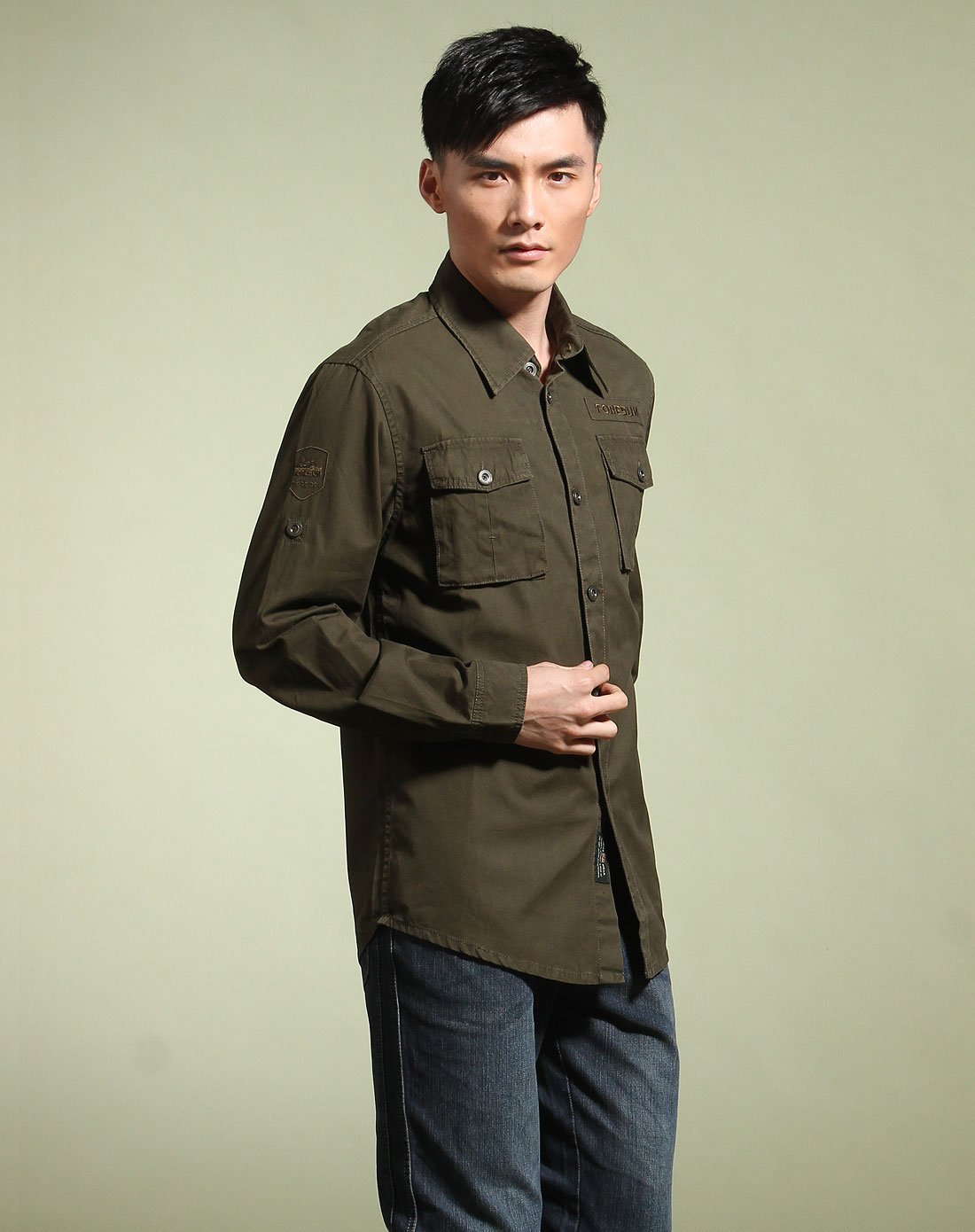 男款浅军色长袖休闲简约衬衣