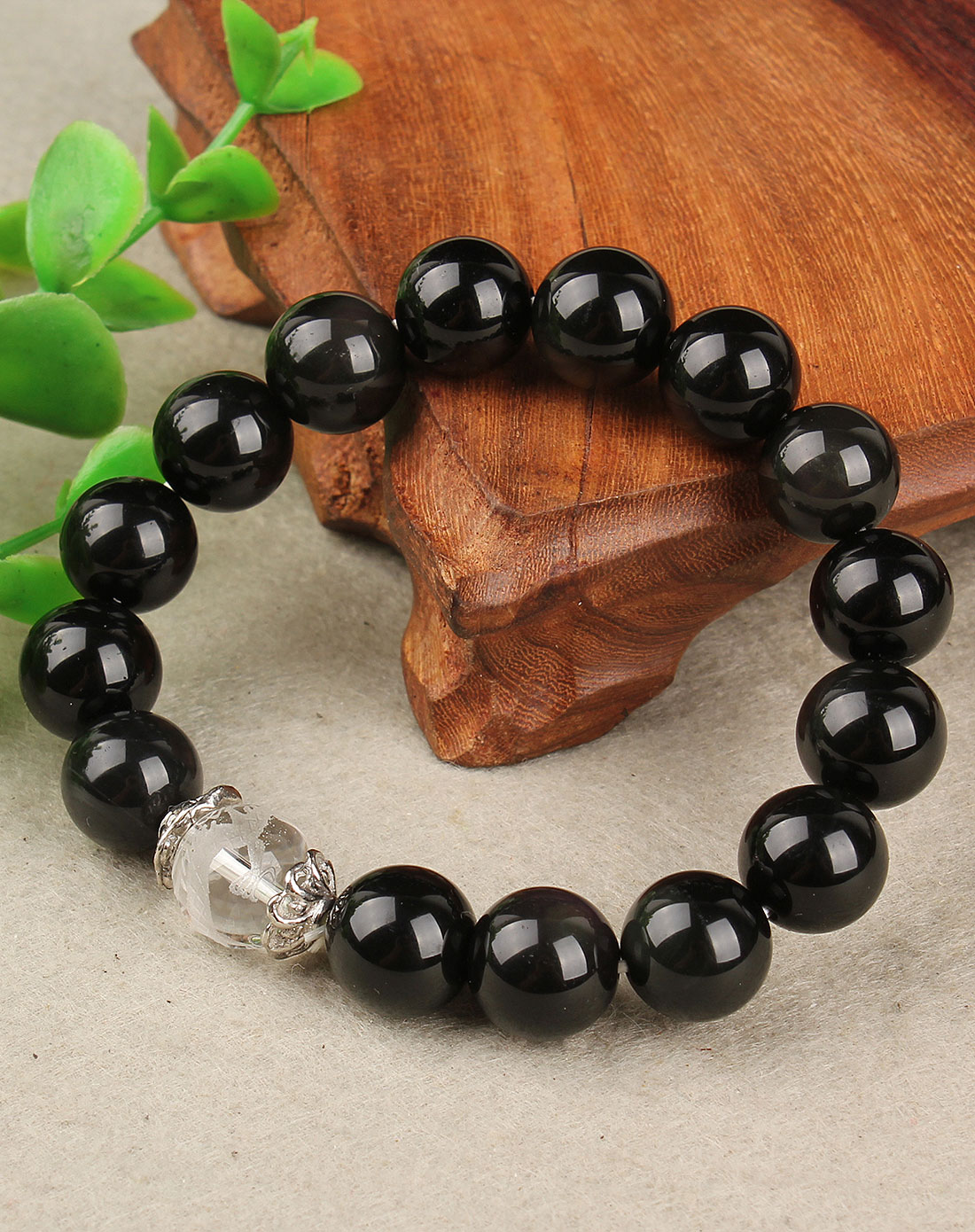 天然黑曜石手链12mm刻龙珠