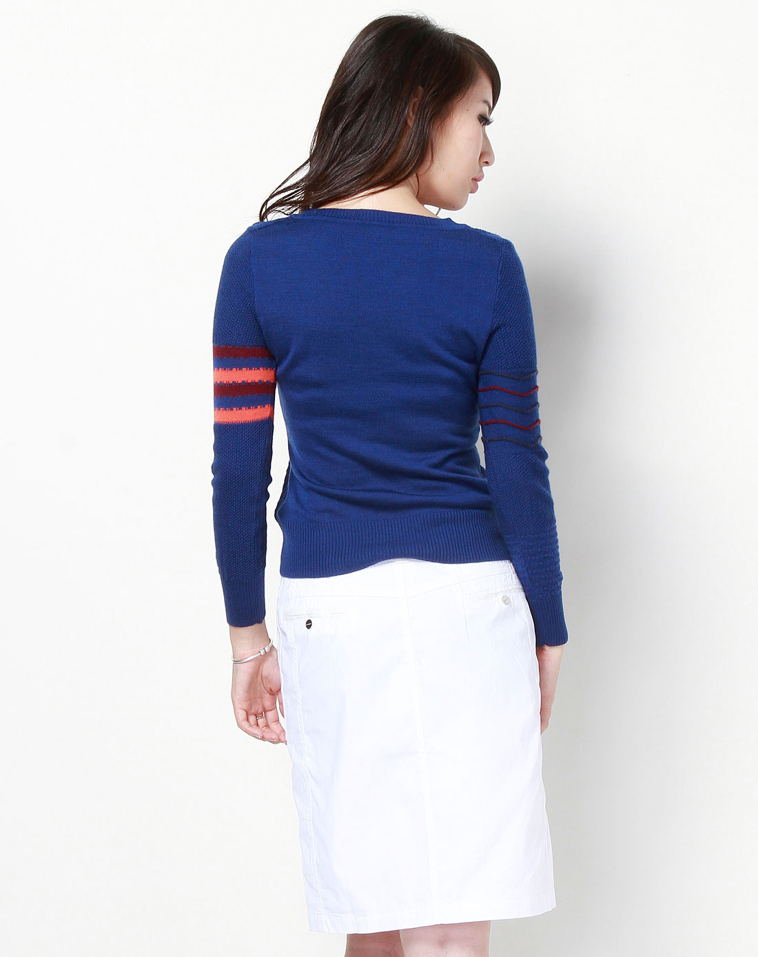 玖姿juzui深蓝色条纹v字领长袖上衣