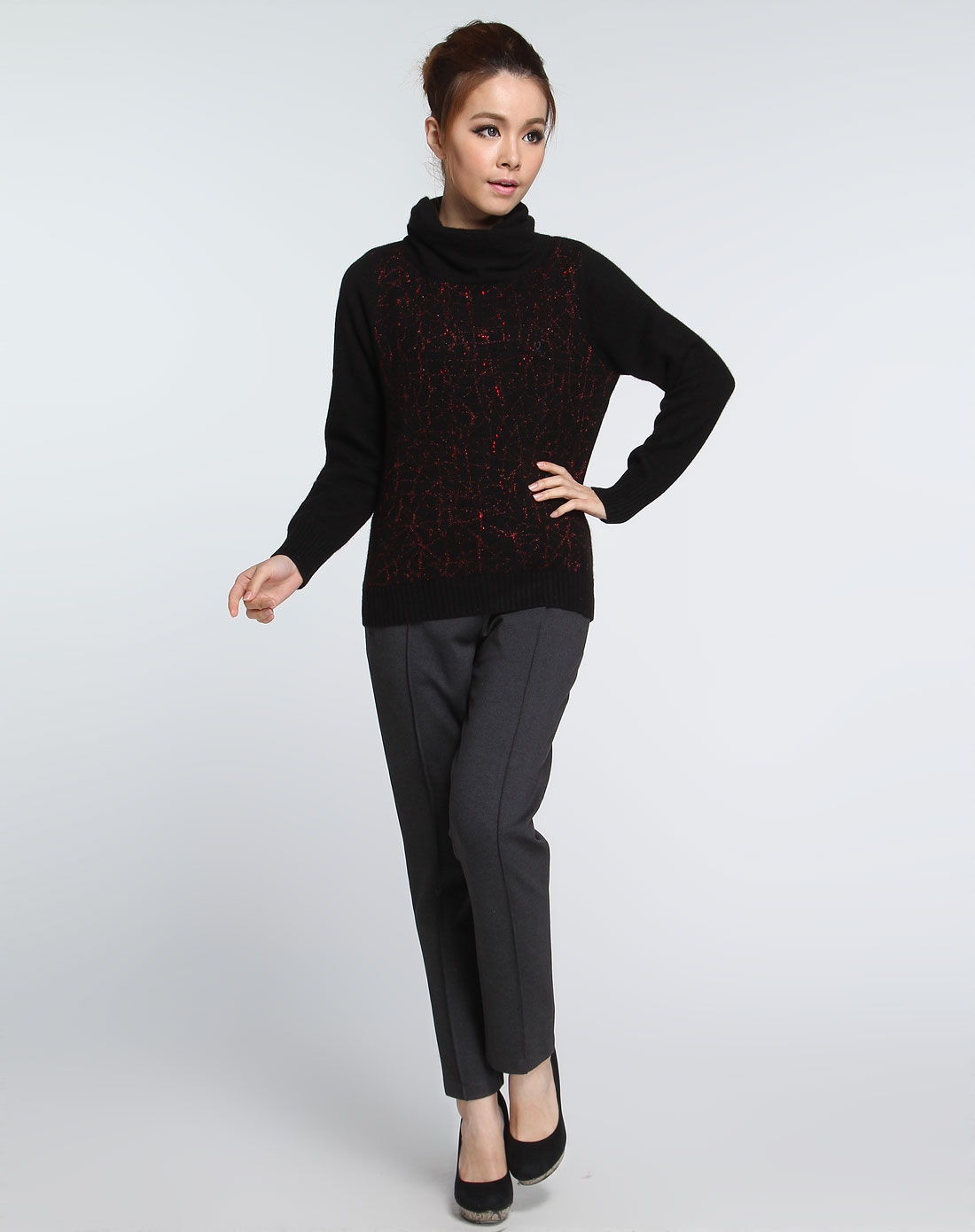 梦特娇montagut男女装混合专场-女款黑红色100%山羊绒高领长袖毛衣