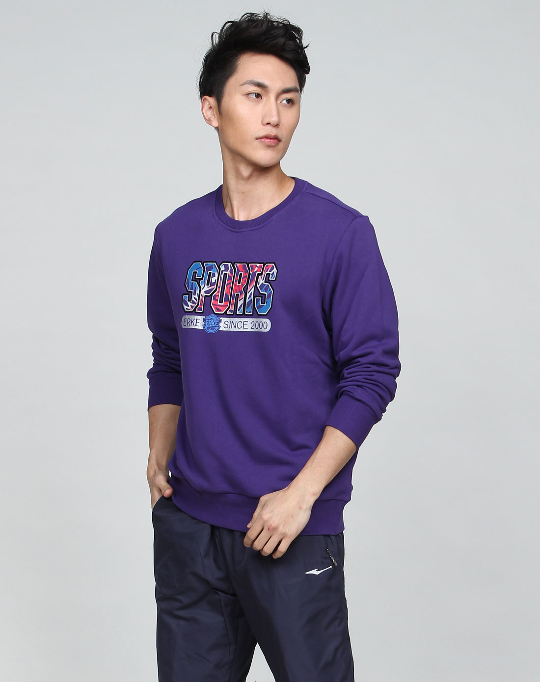 鸿星尔克erke男装专场-男款基础系列青紫色套头卫衣