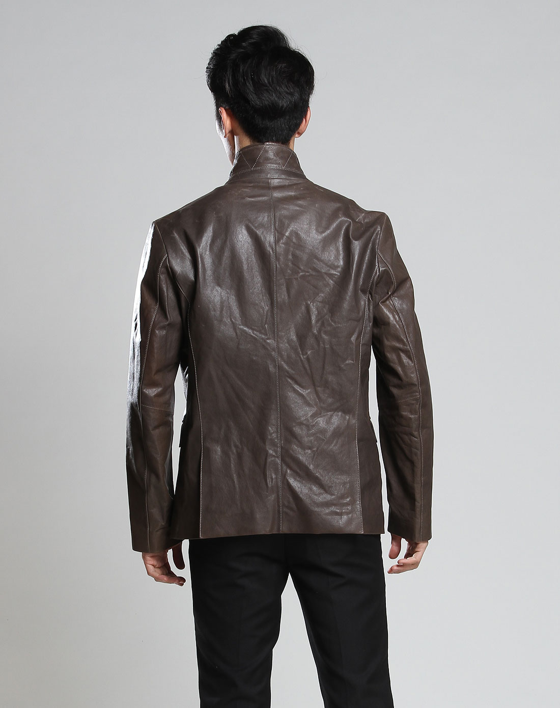 灰咖色拉链长袖皮衣外套