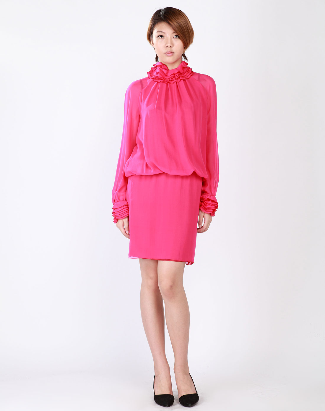 ungaro fuchsia 女款桃紅色荷葉領長袖連衣裙