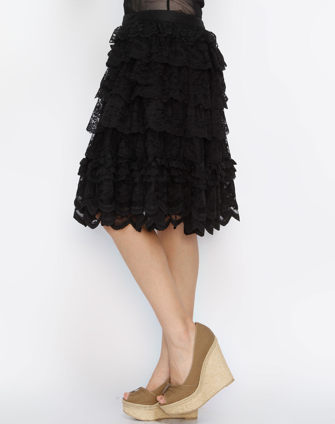 淑女屋黑色蕾丝边休闲长裙