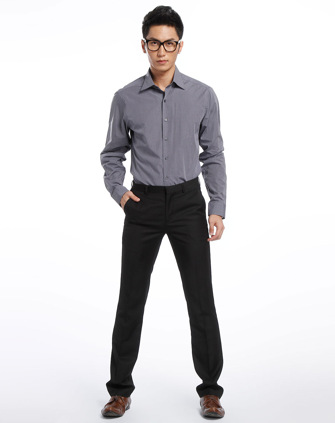 dkny男款深灰色细格子长袖衬衫
