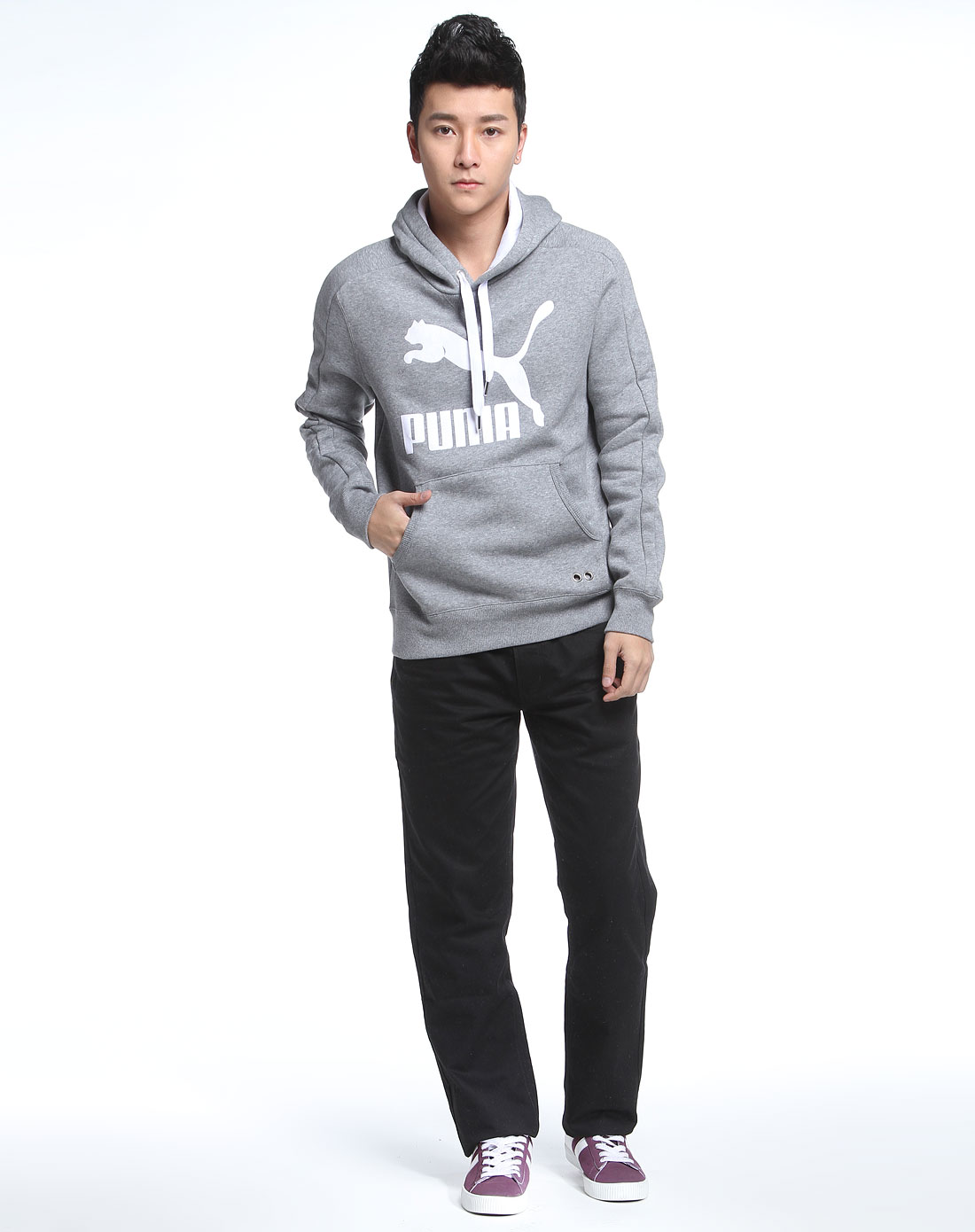 男款麻灰色连帽长袖针织卫衣