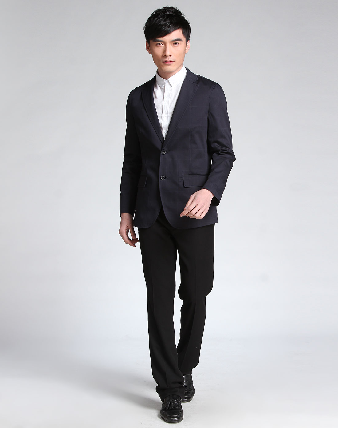 克莱蒙梭clemenceau藏青色暗格子长袖休闲西装外套xf112018-4#_唯品会