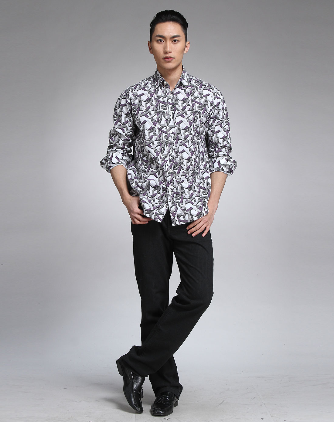 迪法诺de farro紫灰色印花长袖衬衫109311516-94_唯品会