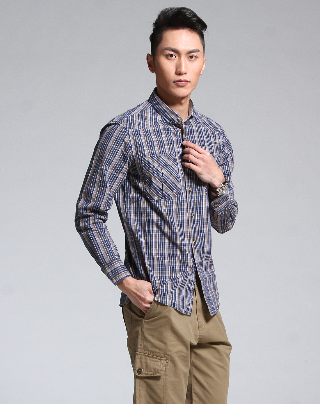 男款蓝色休闲格子长袖纯棉衬衫