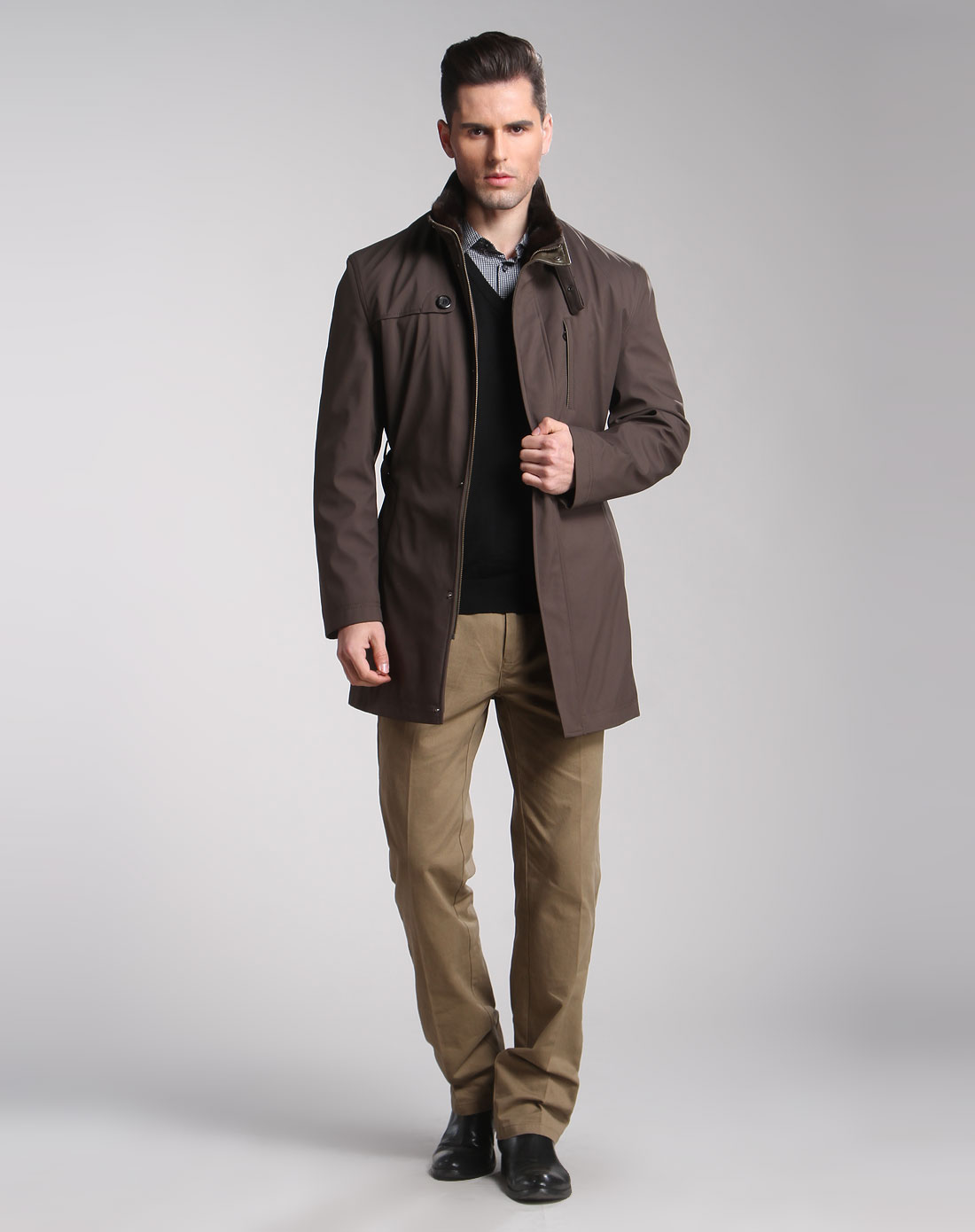 梵思诺versino男装专场 > 男款灰绿色休闲长袖毛皮外套